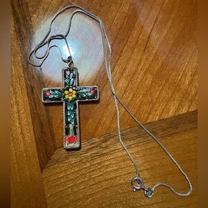 Floral Mosaic Cross Pendant Necklace